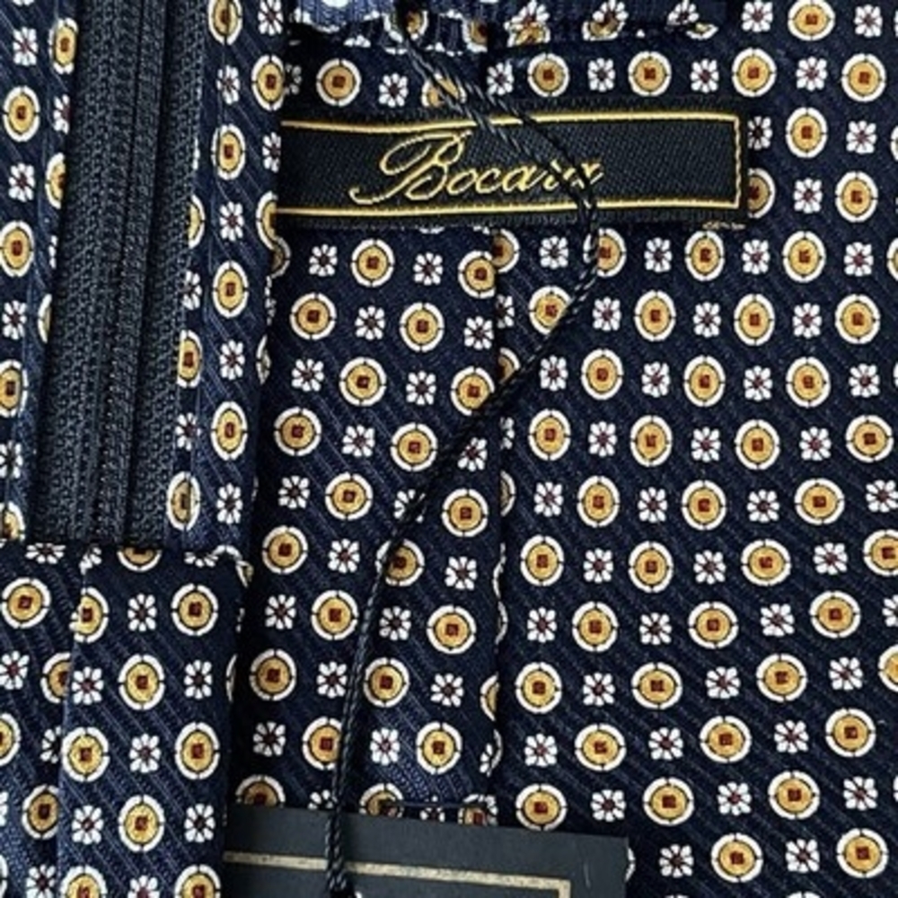 Bocara Mens 100% Silk Neck Tie Navy Blue Yellow Red Geometric Floral Pattern NWT - Picture 5 of 7